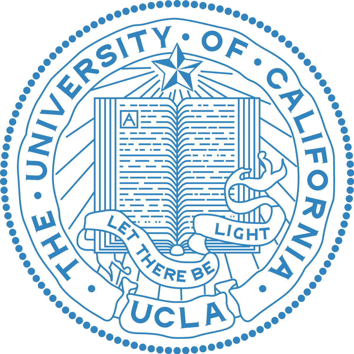 The official blue and white seal of The University of California, Los Angeles (UCLA), featuring an open book, a five-pointed star, and a ribbon with the motto Let There Be Light.
