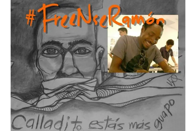 A black-and-white drawing of a person with glasses and a scarf covering their mouth is overlaid with orange text #FreeNseRamón. A color photo of a smiling man is inset in the upper right corner. Text below reads Calladito estás más guapo.