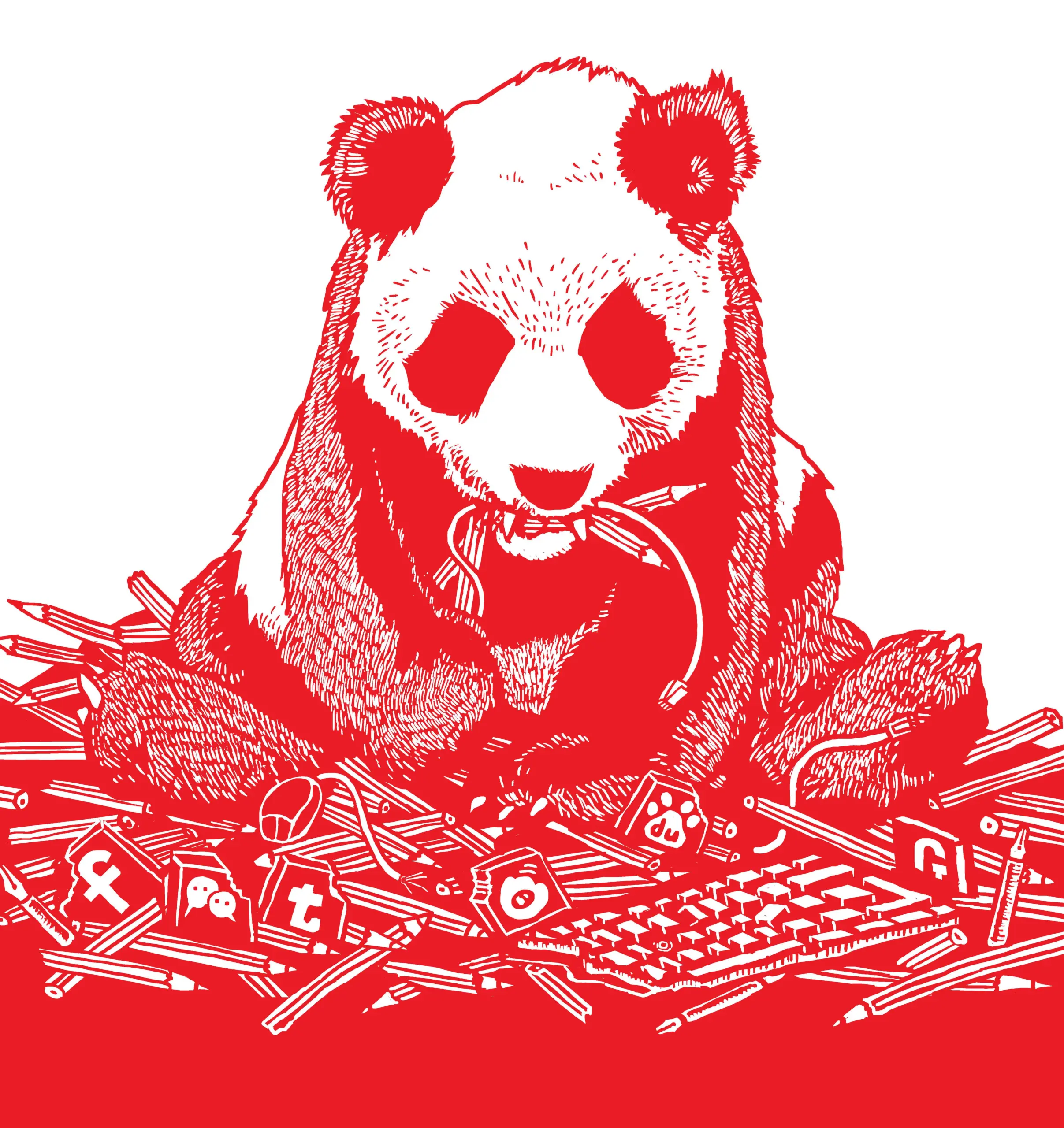 A panda sits among a pile of scattered pencils, tangled computer cables, and keyboard keys with social media icons, chewing on a cable. The illustration is in red and white with detailed linework.