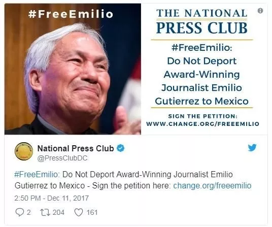 A campaign image shows award-winning journalist Emilio Gutierrez speaking, with a petition urging not to deport him to Mexico. #FreeEmilio and National Press Club logos are visible, along with a linked tweet.