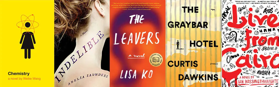 A row of five book covers: Chemistry with a yellow background and black atom symbol; Indelible showing text on a neck; The Leavers with red and blue text; The Graybar Hotel in gray stripes; Live from Cairo with chaotic red and black text, hinting at Hemingway’s spirit.