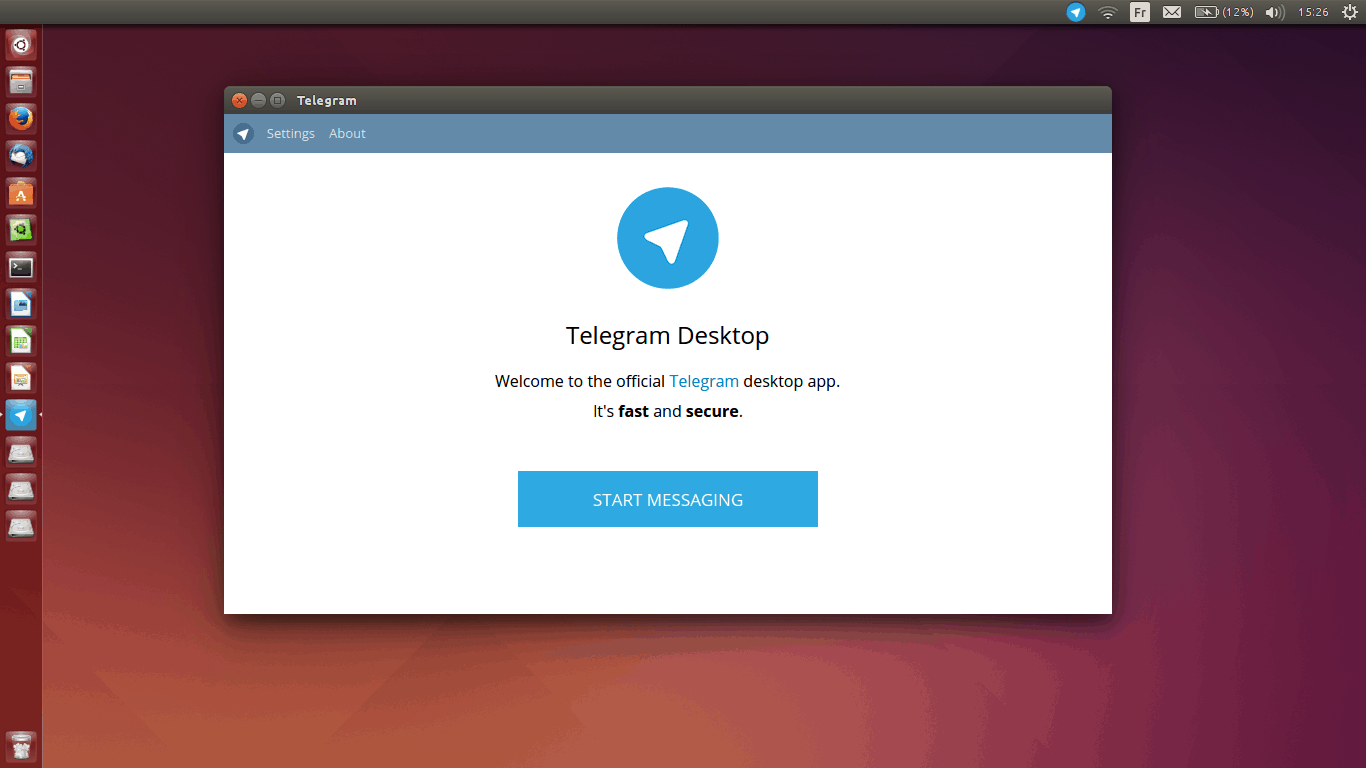 Screenshot of Telegram Desktop apps welcome screen on a Linux Ubuntu desktop, with a Start Messaging button and navigation buttons for Settings and About at the top left.