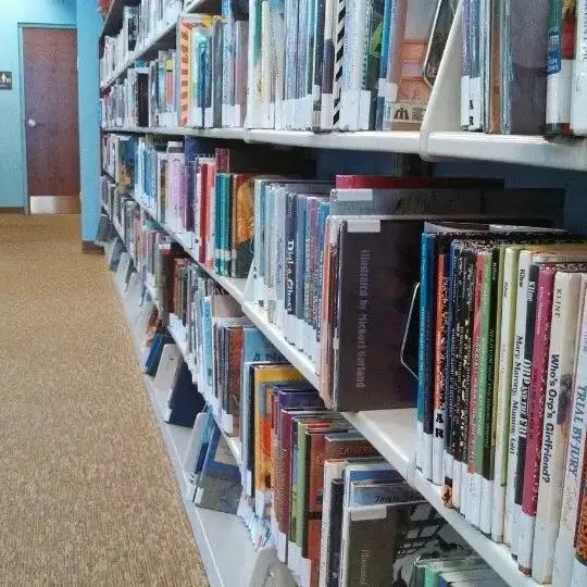 A long row of bookshelves filled with colorful books lines the right side of a library, with a carpeted floor and a closed door visible at the end of the aisle.