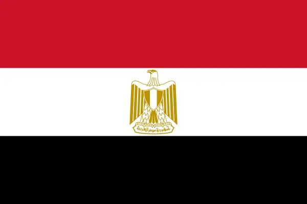 The flag of Egypt with three horizontal stripes in red, white, and black, and a golden eagle emblem centered in the white stripe.