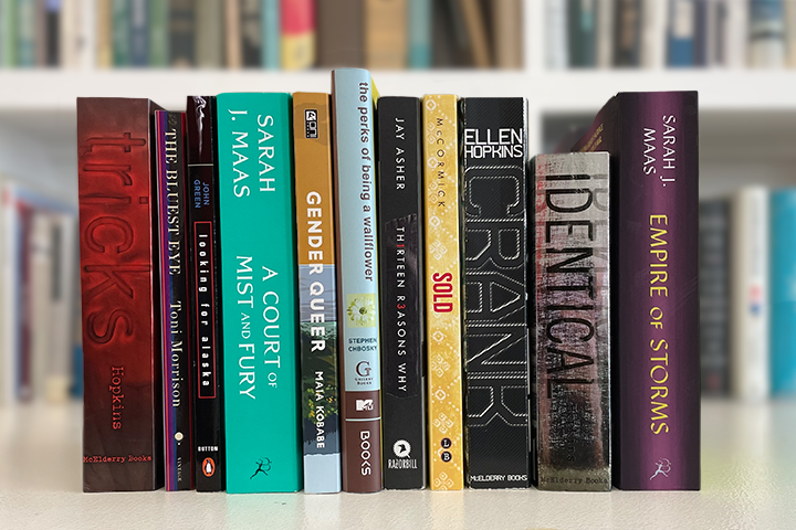 A row of eleven books standing upright on a white surface with colorful spines, featuring titles by Sarah J. Maas, Ellen Hopkins, and others, against a blurred background of shelves filled with more books.
