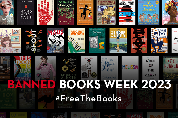 A collage of book covers appears in the background with the words “BANNED BOOKS WEEK 2023 #FreeTheBooks” in bold white and red text across the center.
