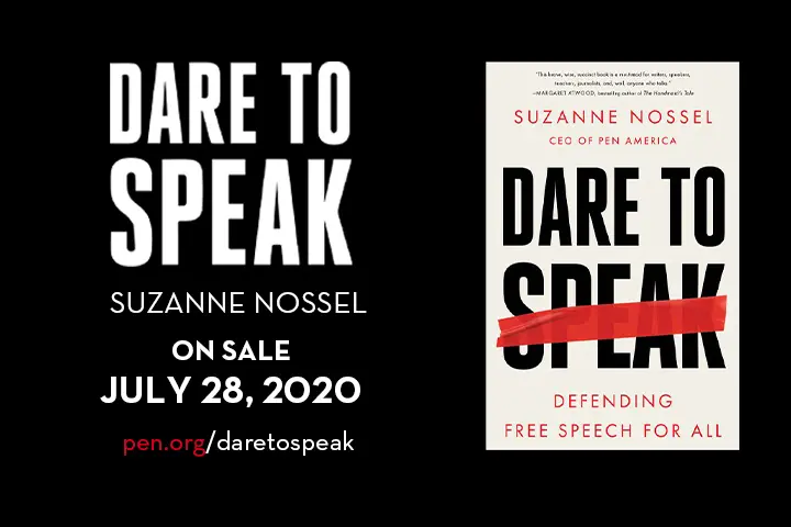 Book promotion image for Dare to Speak by Suzanne Nossel, showing the book cover and release date, July 28, 2020, with the website pen.org/daretospeak for more information.
