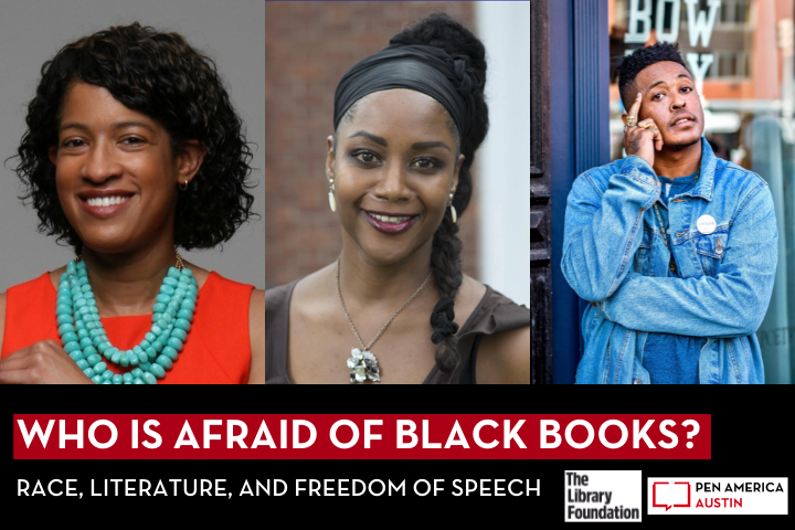 A promotional graphic for an event titled Who Is Afraid of Black Books? Race, Literature, and Freedom of Speech featuring three smiling Black individuals, event and sponsor logos at the bottom.