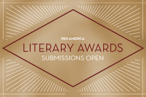 Gold and brown graphic with the text: PEN America Literary Awards Submissions Open inside a diamond-shaped border, with radiating lines in the background.