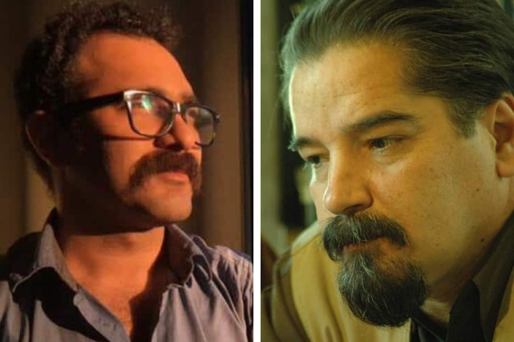 Side-by-side portraits of two men with facial hair. The man on the left has glasses and a mustache, while the man on the right has a mustache and goatee and looks downward thoughtfully. Both are lit warmly.