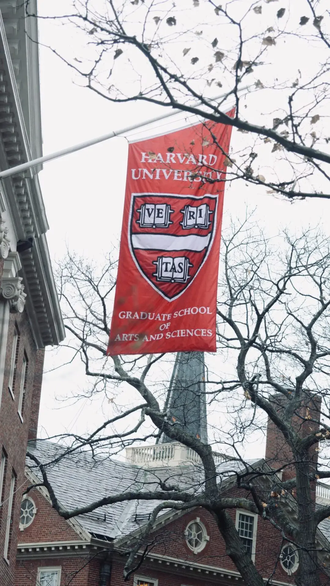 A red Harvard University flag with the seal and Graduate School of Arts and Sciences text hangs outside a brick building, framed by leafless tree branches on a cloudy day.