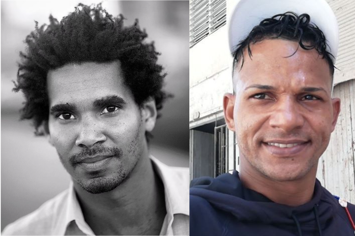 A split image: On the left, a man with curly hair and a slight beard looks at the camera in a black-and-white photo. On the right, a man with short, wet curly hair and a cap smiles outdoors in a color photo.
