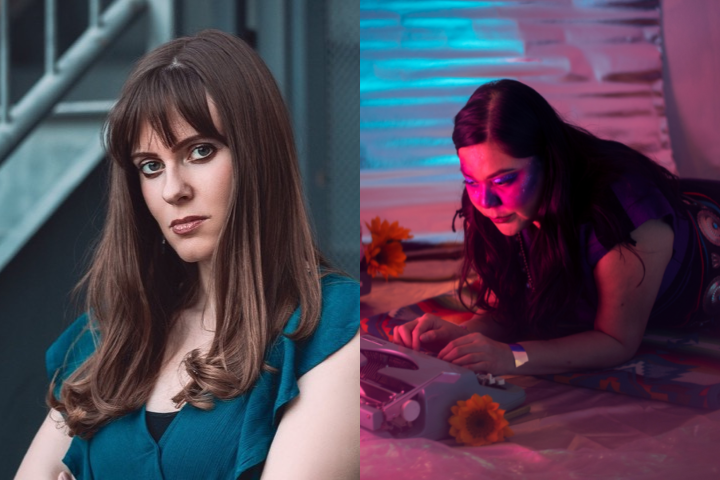 A split image: On the left, a woman with long brown hair in a blue top stands by a staircase, looking serious. On the right, the same woman lies on the floor under purple lighting, using a typewriter, surrounded by orange flowers.