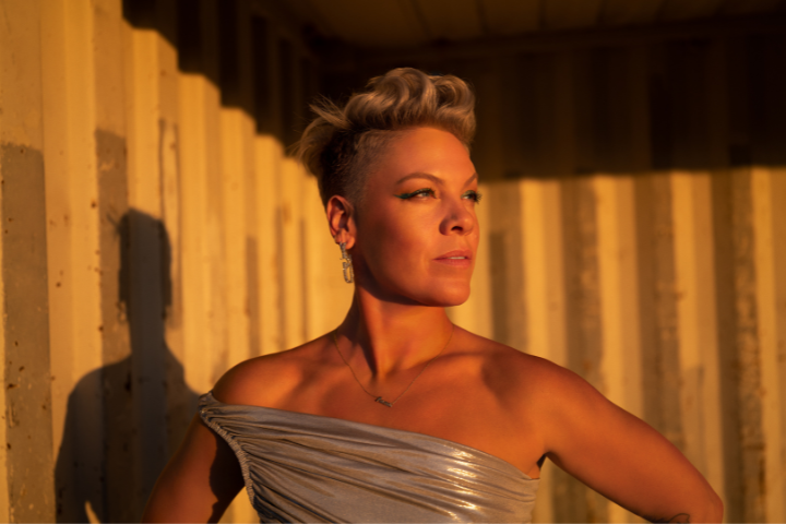 A person with short, styled blond hair stands confidently in golden sunlight, wearing an off-the-shoulder metallic dress, against a background of corrugated metal walls.