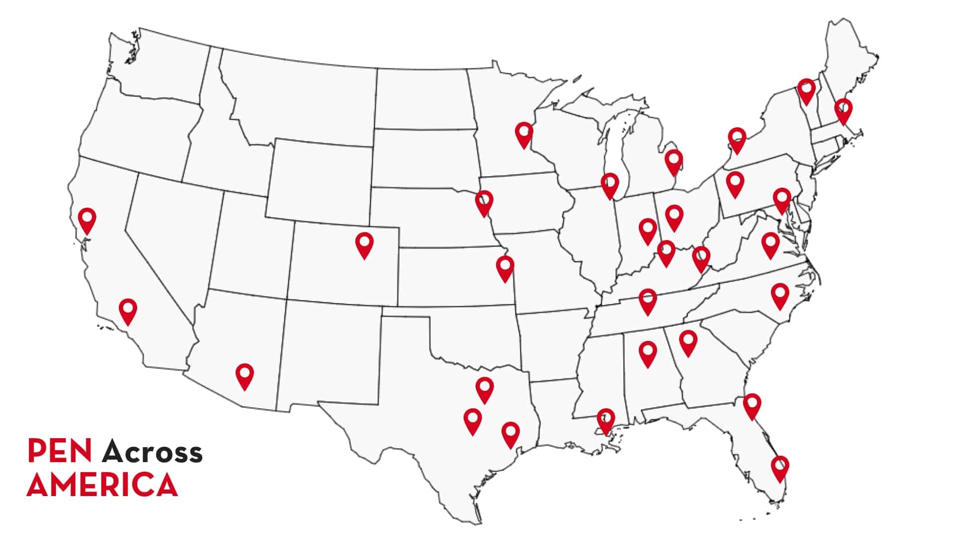 A map of the United States with red location pins marking various cities across the country. Text in the lower left corner reads PEN Across AMERICA.