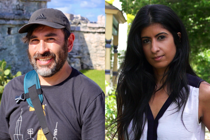 A composite image of two people outdoors: on the left, a bearded man with a cap and a blue strap over his shoulder, smiling; on the right, a woman with long dark hair and a white top, looking at the camera with a neutral expression.