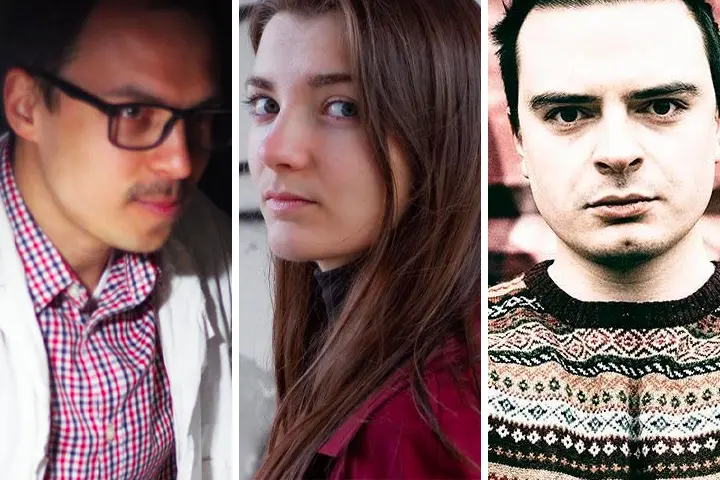 A collage of three people: a man in glasses and a checked shirt, a woman with long brown hair in a maroon jacket, and a man in a patterned sweater, each facing the camera with neutral expressions.