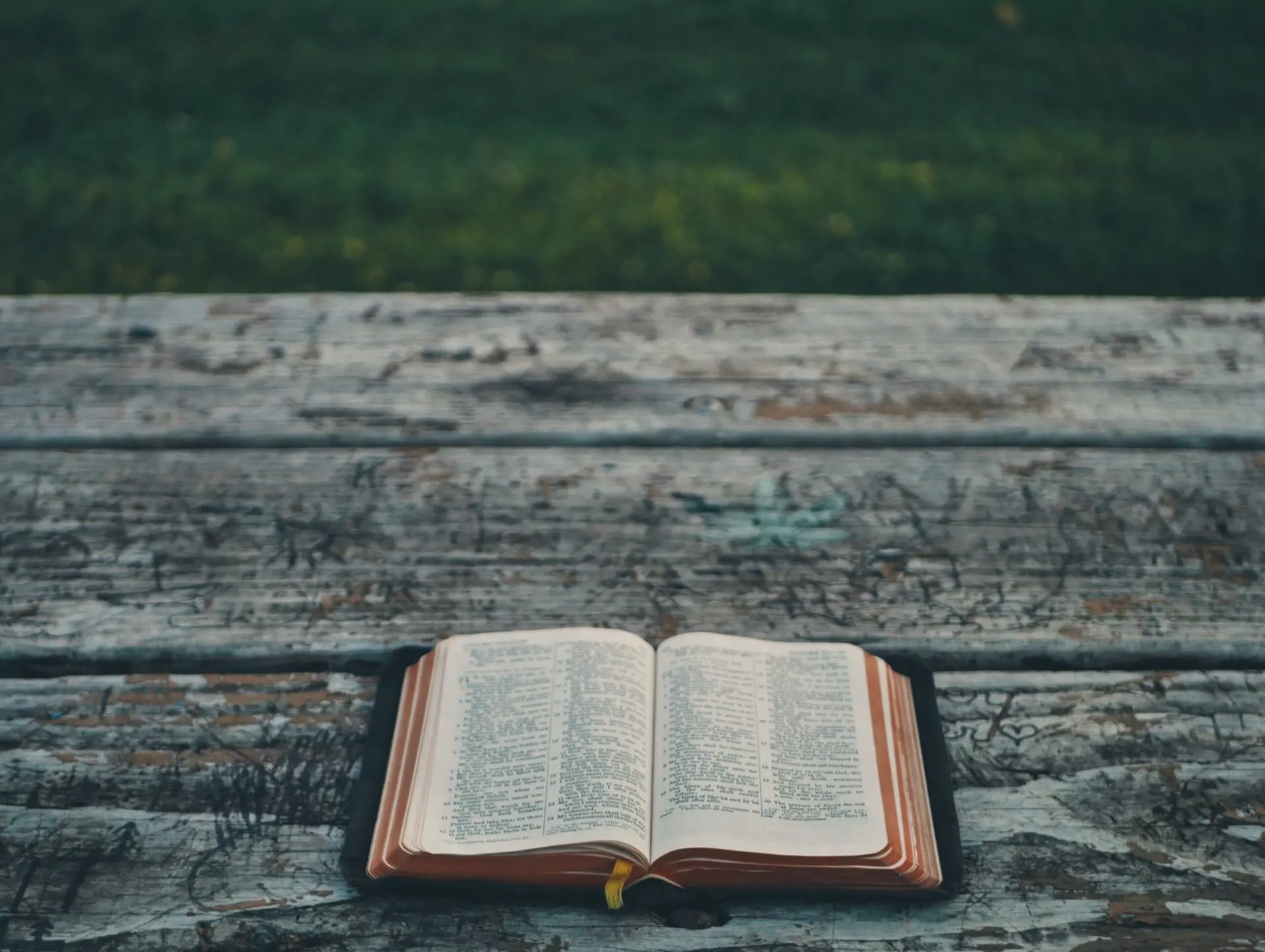 An open book with a yellow bookmark lies on a weathered wooden picnic table outdoors, with green grass visible in the blurred background.