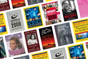A collage of various book covers, including titles like Death on the Nile, Guinness World Records, Sherlock Holmes, Teen Health Handbook, Malcolm X, and others, arranged in a diagonal grid pattern.