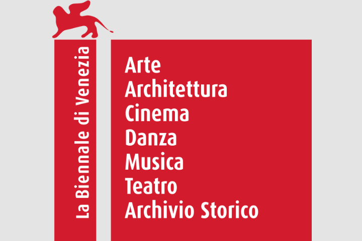 Logo of La Biennale di Venezia with a red winged lion in the top left, and a red block listing seven categories in Italian: Arte, Architettura, Cinema, Danza, Musica, Teatro, Archivio Storico.