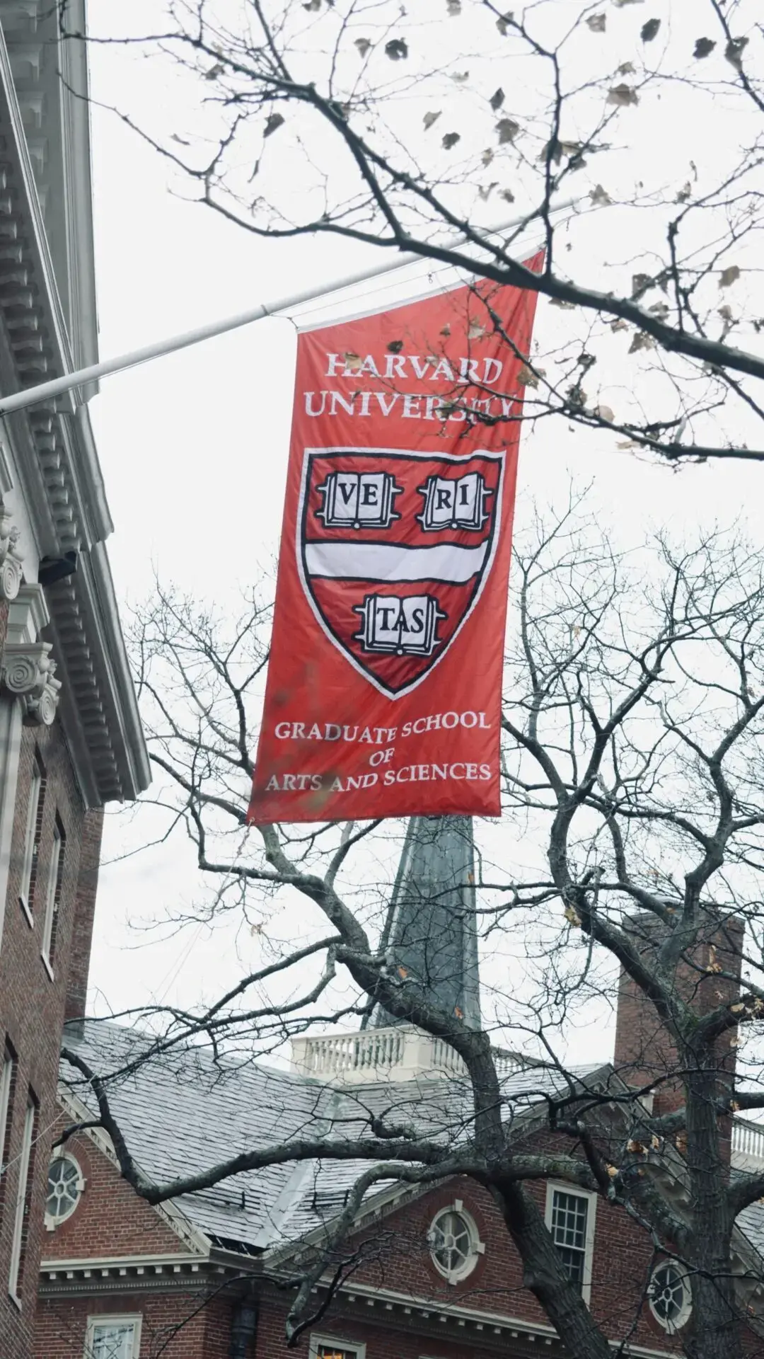 A red Harvard University Graduate School of Arts and Sciences banner hangs on a building, with leafless tree branches and a cloudy sky in the background.