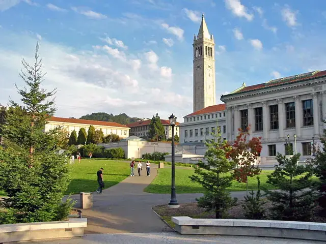 A grassy campus courtyard with people walking, surrounded by trees and historic university buildings, featuring a tall clock tower under a partly cloudy sky.