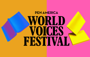 Split pink and yellow background with blue and yellow stylized open books. Black text reads PEN America World Voices Festival in bold capital letters in the center.