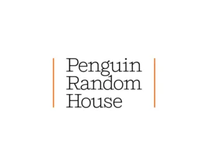 The Penguin Random House logo features the company name in black serif font, stacked in three lines, with two vertical orange lines on either side, all on a white background.