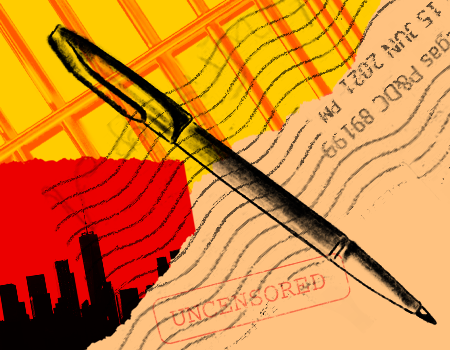 A black pen is placed diagonally over a collage of prison bars, a city skyline, a postal stamp, and a red UNCENSORED label on a yellow and red background.