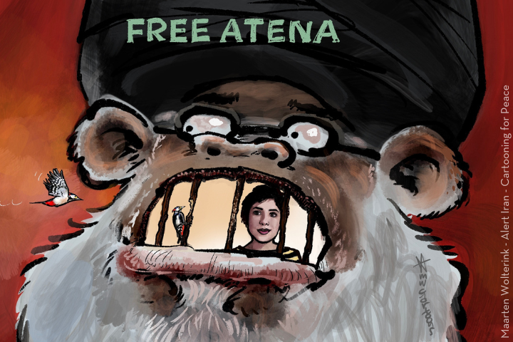 A drawing of a bearded man with FREE ATENA written on his hat. His mouth forms prison bars, behind which a woman is trapped. A small bird flies near his face. The scene highlights a call for the womans freedom.