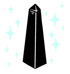 A simple black illustration of an obelisk surrounded by light blue sparkle shapes on a white background.