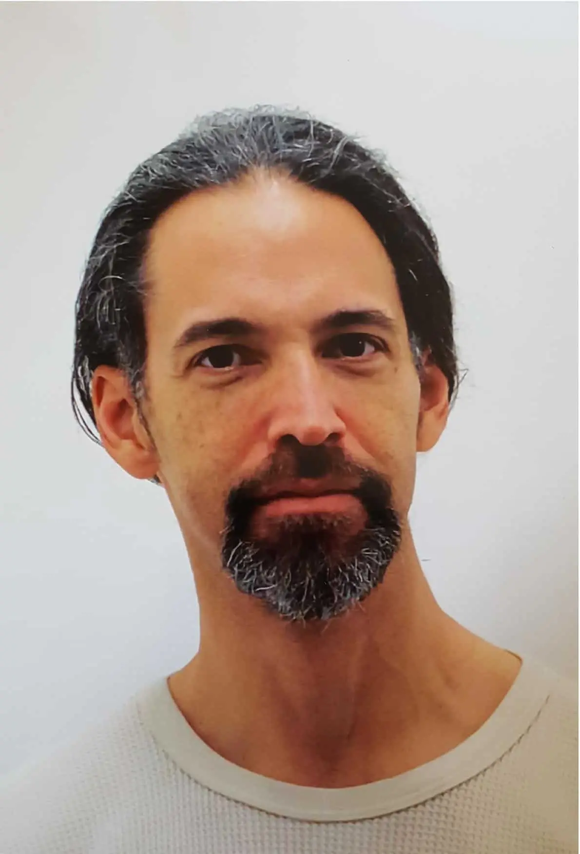 A man with dark hair, flecked with gray, and a short beard and mustache, is wearing a light-colored shirt and looking directly at the camera against a plain white background.