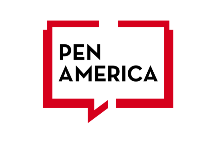 Logo for PEN America featuring the organizations name in bold black letters inside a red, open rectangular speech bubble on a white background, symbolizing its stand against Educational Intimidation Bills.