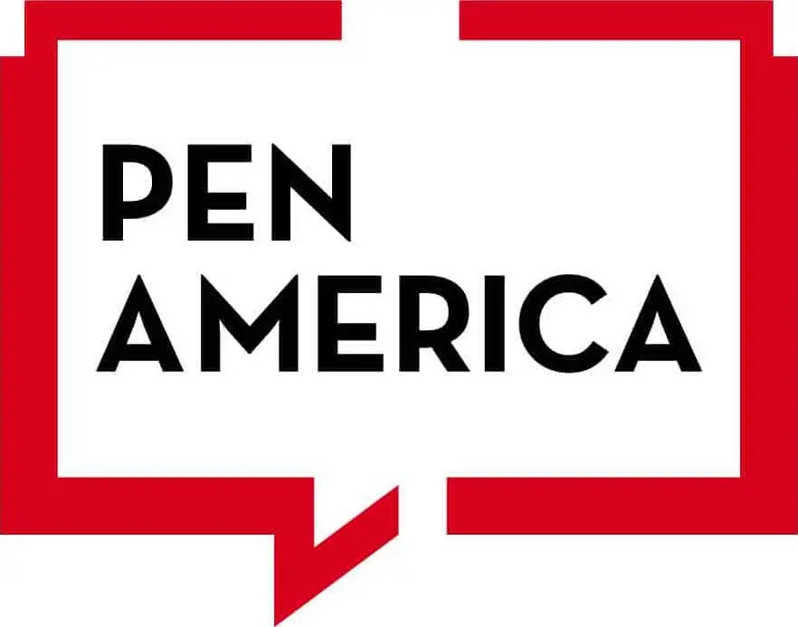 Red outlined speech bubble with the words PEN AMERICA in bold black capital letters centered inside on a white background.