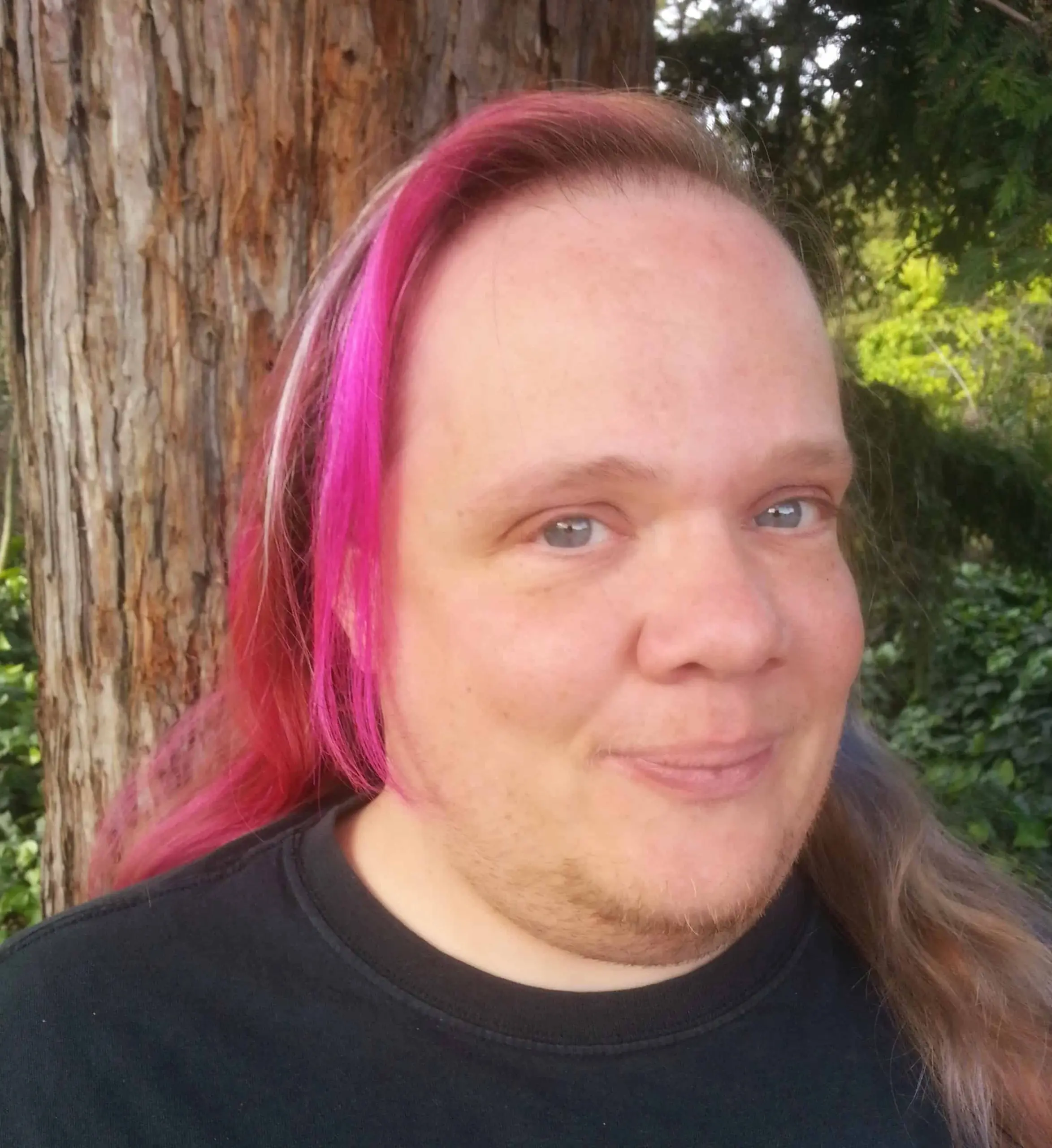 A person with long, partially bright pink hair and a short beard smiles softly while standing outdoors in front of a tree. Reminiscent of Alex Gino’s characters, they wear a black shirt, with greenery visible in the background.