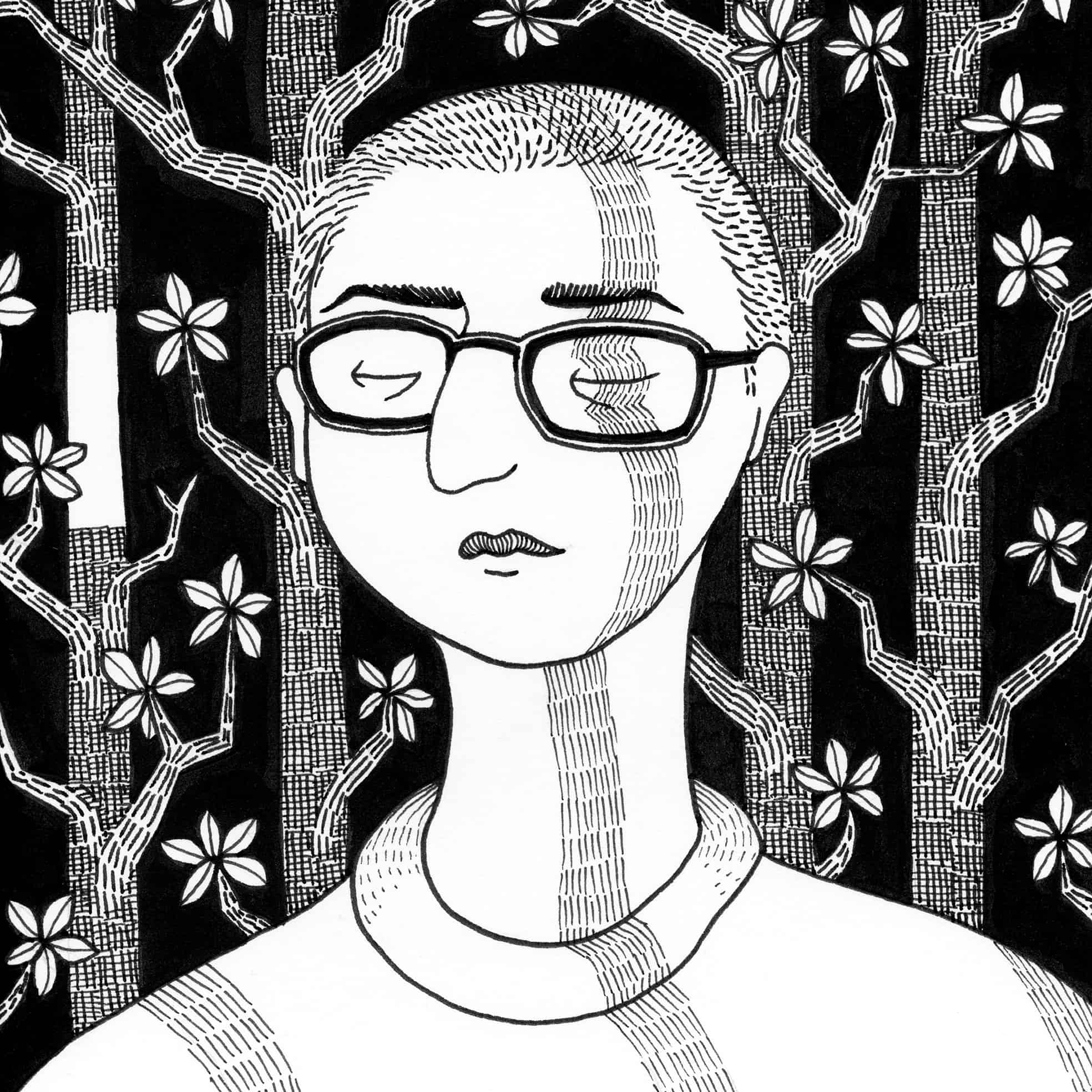 Black and white drawing of a person with short hair and glasses, eyes closed, set against a background of stylized trees and flowers with intricate line patterns. Light and shadow fall in stripes across the face and neck.