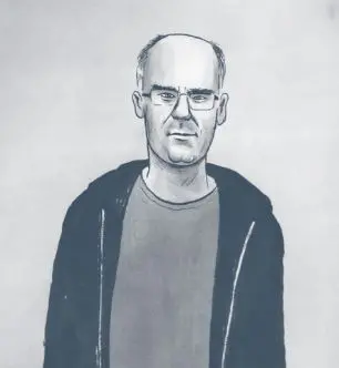 A grayscale illustration of a middle-aged man with glasses, a receding hairline, and a neutral expression, wearing a hoodie over a t-shirt, standing against a plain background.