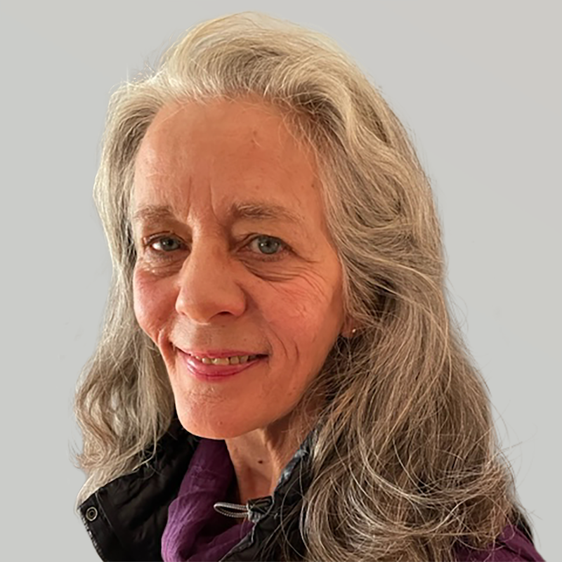 An older woman with long gray hair and blue eyes, smiling gently, wearing a dark jacket and a purple scarf, with a light gray background.