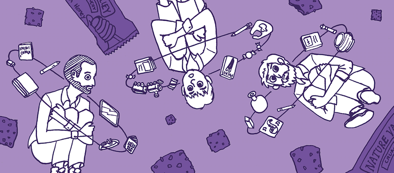 Three people sit in a circle surrounded by science-themed items like notebooks, lab equipment, and articles, all drawn in a purple, cartoonish style. Brownies and wrappers are scattered around them.