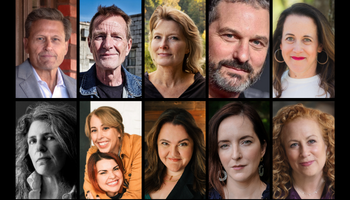A collage of ten people, five on the top row and five on the bottom, showing a diverse group of adults with various expressions, backgrounds, and lighting styles. Some are smiling, while others have neutral expressions.