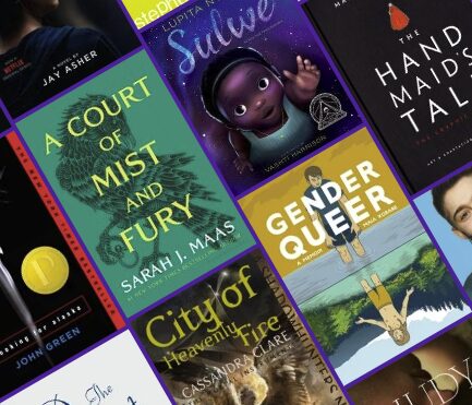 A collage of various book covers, including A Court of Mist and Fury, Gender Queer, Sulwe, and more, arranged in a diagonal grid pattern to highlight Banned Books Week 2024.