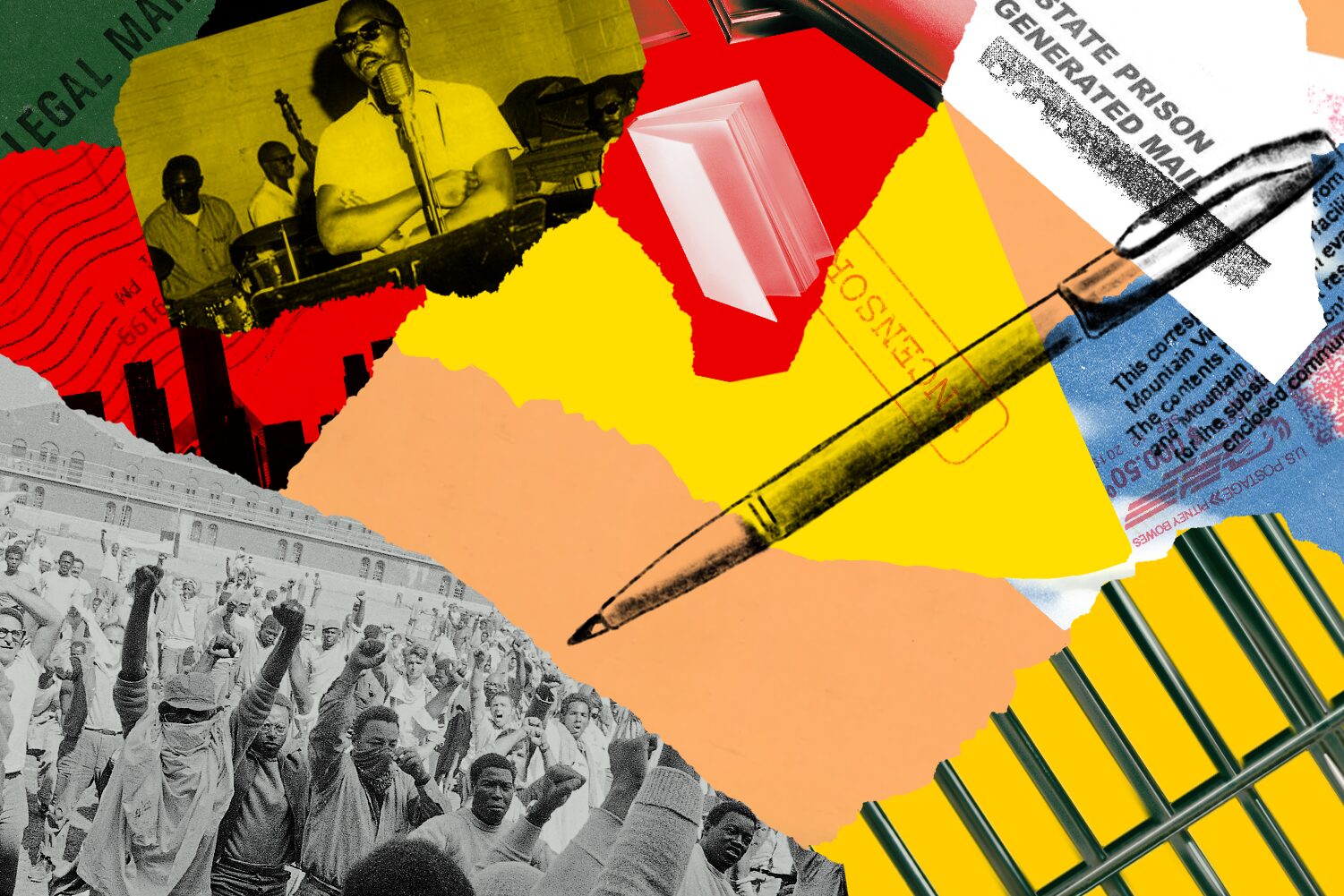 A collage featuring protestors with raised fists, a person speaking at a microphone, a pen, bars, documents labeled “prison mail,” and torn colorful paper fragments, symbolizing prison justice activism, incarceration, and communication.