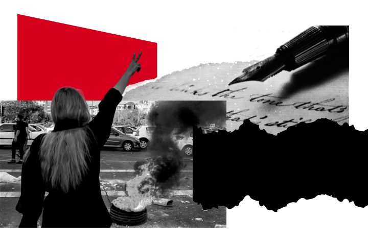 A woman with long hair, seen from behind, raises her hand in a victory sign in front of a burning barrel on a street. Cars are parked nearby. A close-up of a pen writing text overlays part of the scene. Red and black colors dominate the composition.