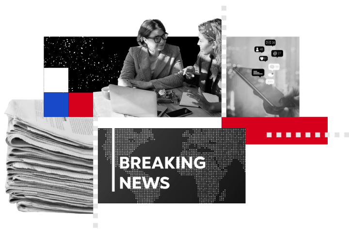 Collage of news elements: two women discussing at a table with a laptop, a stack of newspapers, Breaking News text on a dotted world map background, and a blurred person using a phone with notification bubbles. Red, blue, and black accents throughout.