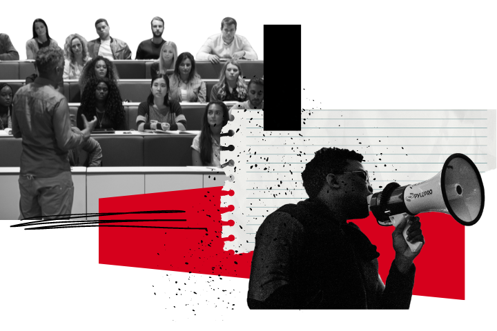 A collage features a man speaking into a megaphone on the right, and a classroom scene with a teacher addressing students seated in rows on the left. The background includes red and black abstract design elements.