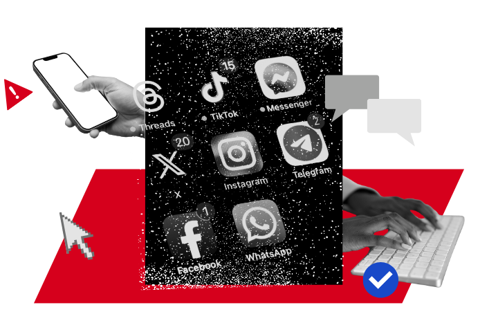 A collage features a hand holding a phone with app icons like Instagram, Facebook, TikTok, Threads, Messenger, Telegram, and WhatsApp. Another hand types on a keyboard. Speech bubbles and arrows convey online abuse discussions and highlight digital safety concerns.