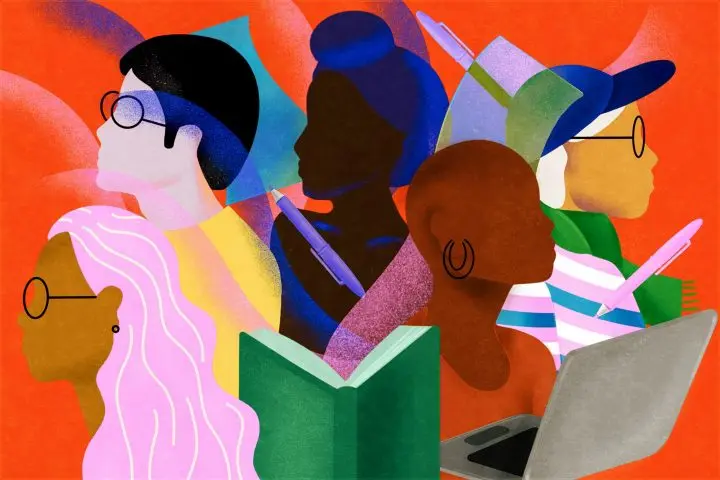 An illustration of diverse people in vibrant colors at Pen America workshops, reading and writing. It features a person with glasses, a notebook, and a laptop. Various skin tones are set against a bright red-orange background.