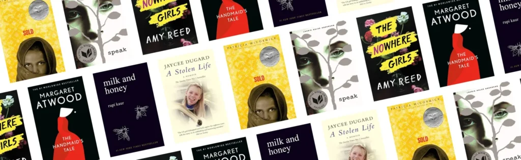 A repeating pattern of book covers, including The Handmaids Tale, Sold, A Stolen Life, milk and honey, and The Nowhere Girls—some famously banned in the USA—displayed diagonally on a white background.