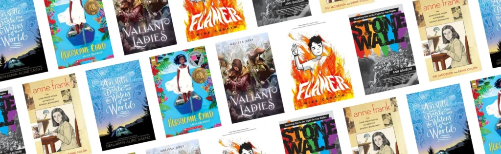 A collage of diverse book covers laid out in a diagonal pattern, featuring titles like “The Diary of Anne Frank,” “Flamer,” and others—some of which have been Banned in the USA—all displayed with vibrant and varied illustrations.