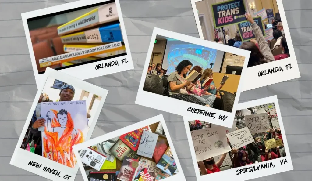 A collage of protest images, with placards like Educators holding freedom to learn rally, Protect trans kids, and Bring back the books. Locations such as Orlando, Cheyenne, New Haven, and Spotsylvania echo the theme: these issues are increasingly Banned in the USA.
